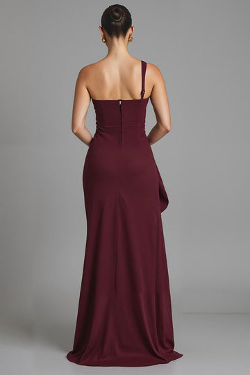 Burgundy One Shoulder Sheath Long Formal Dress with Slit